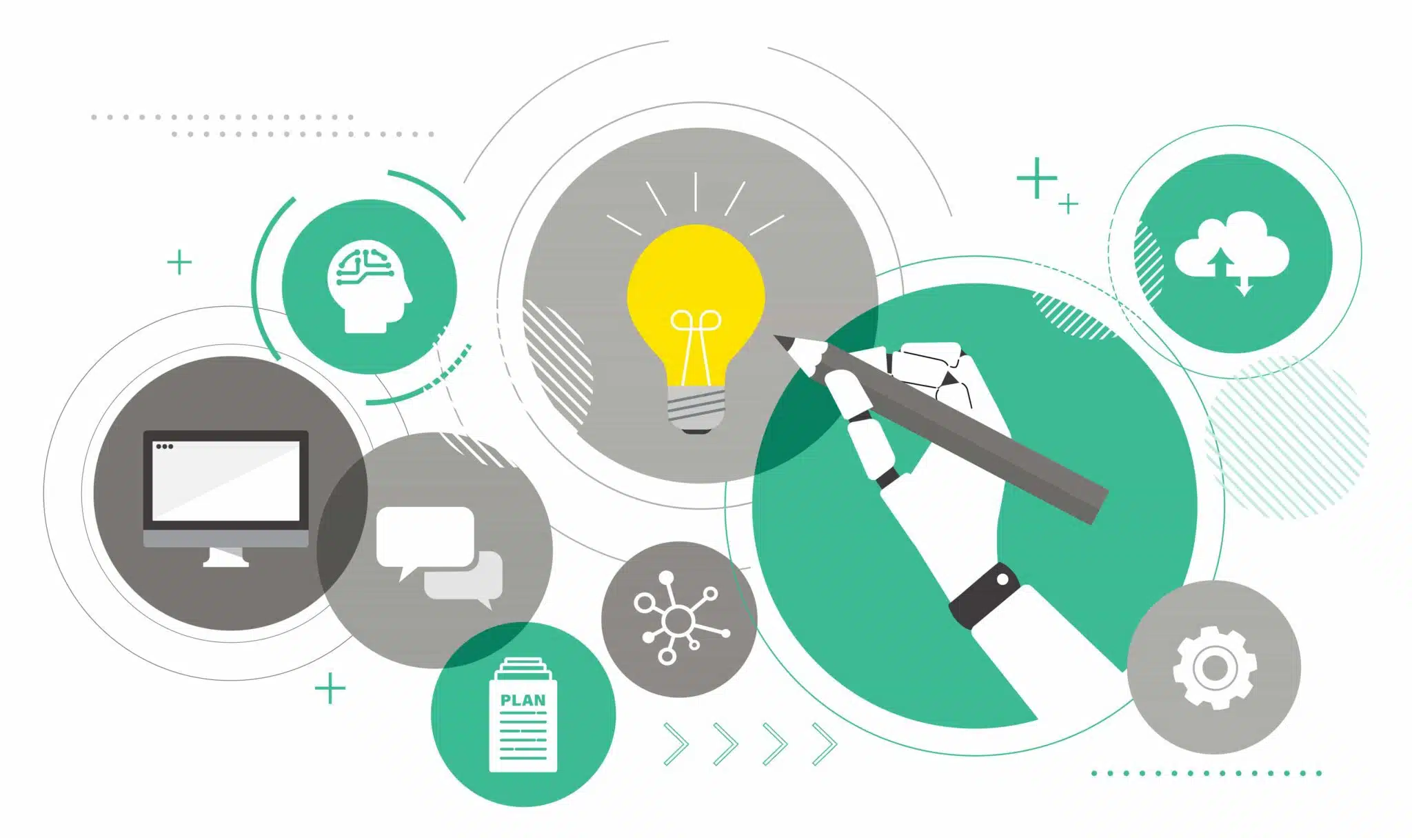 Illustration einer Roboterhand umgeben von Icons einer Glühbirne, Bildschirm, Zahnrad.